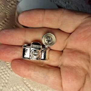 Sparkly Silvertone Camera & Rhinestone Brooch